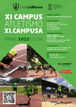 Cartel Campus Verano 2022, información y cuatro fotos de niños/as participando en diferentes pruebas de atletismo
